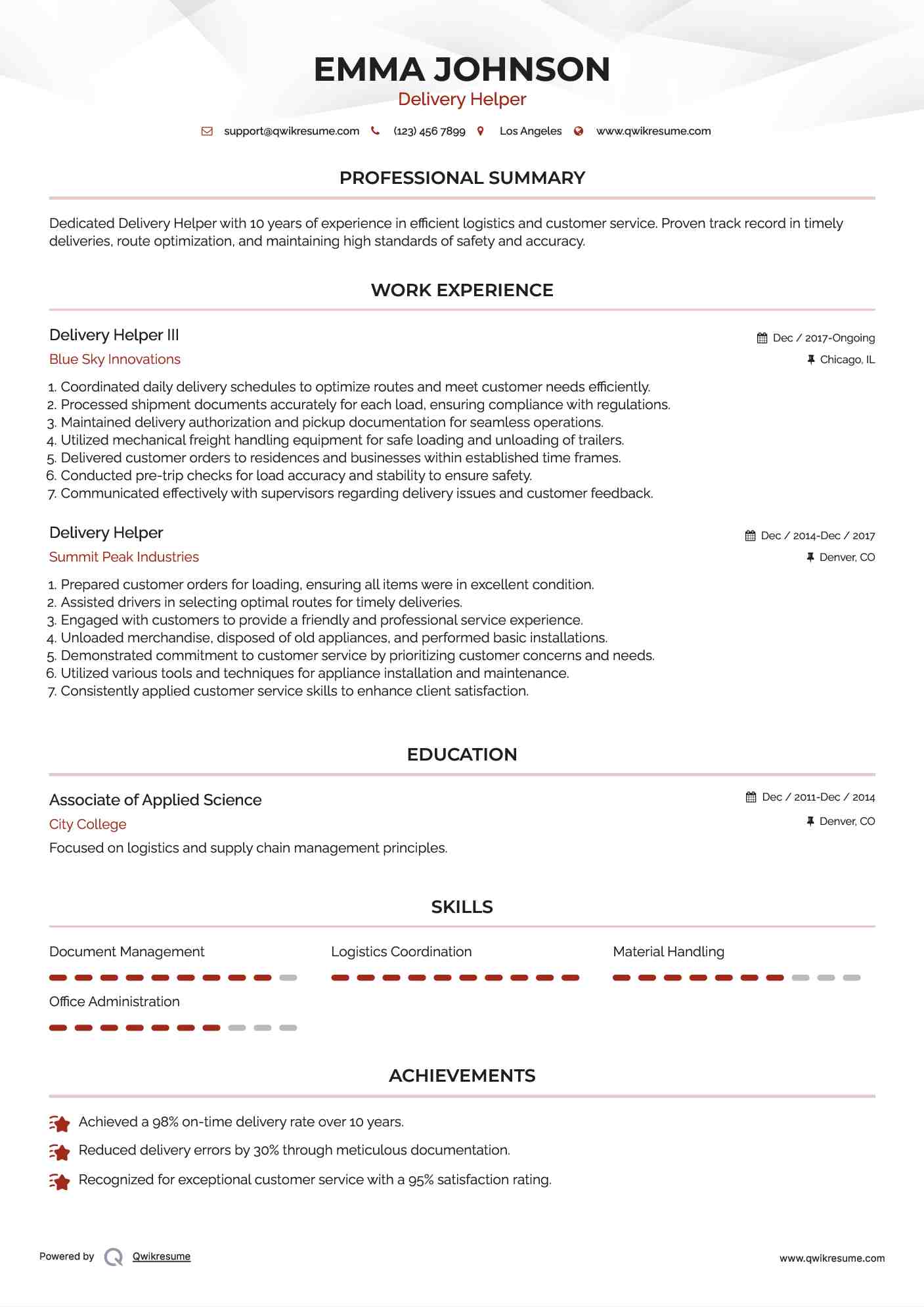 Delivery Helper III Resume Example