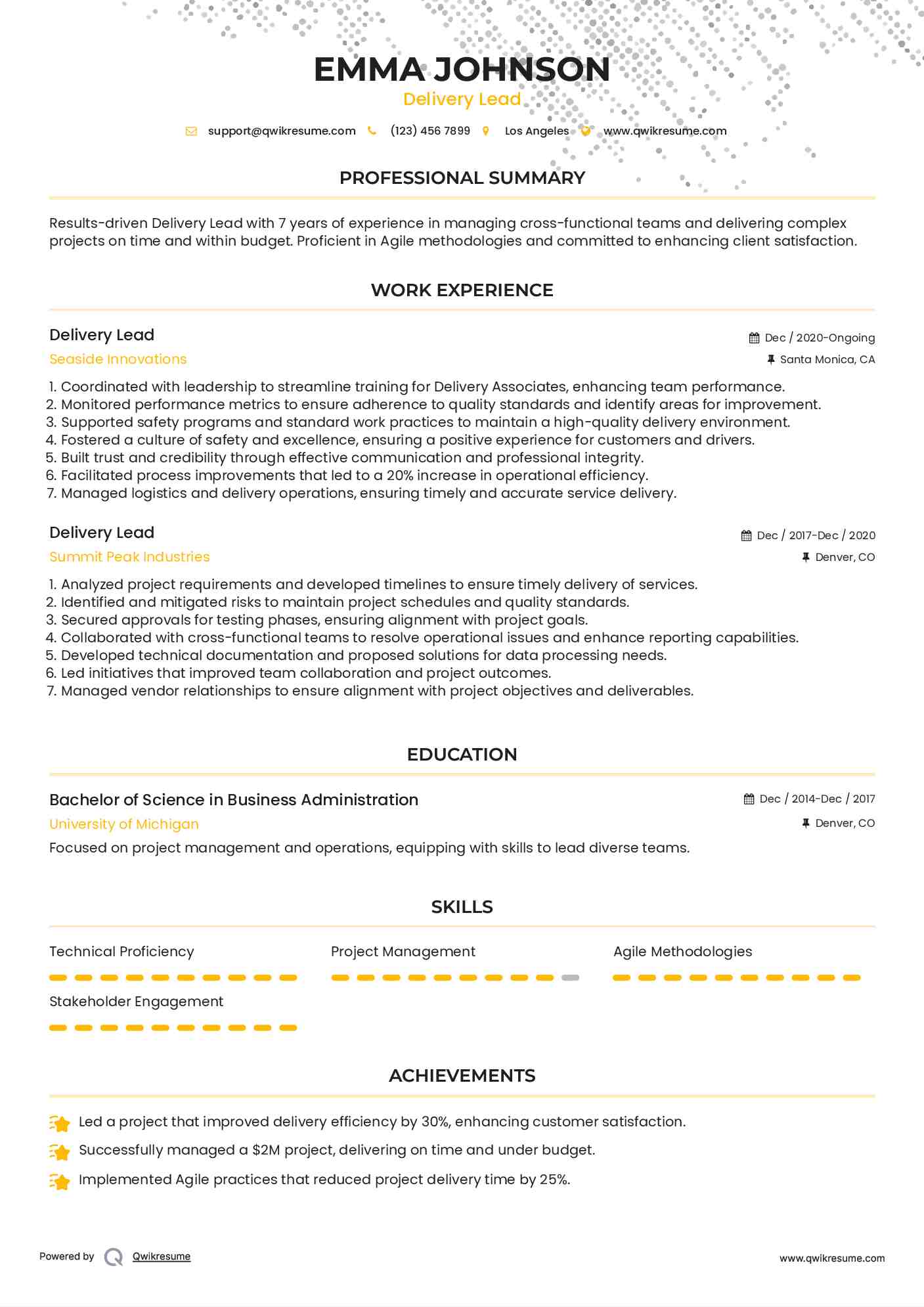 Delivery Lead Resume Sample