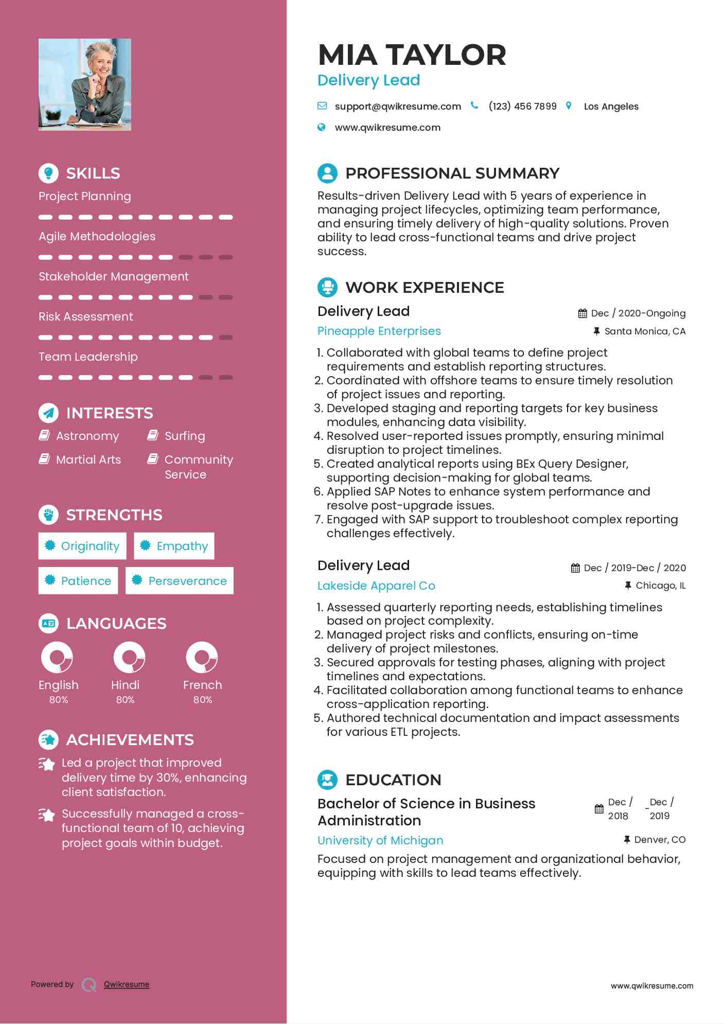 Delivery Lead Resume Sample