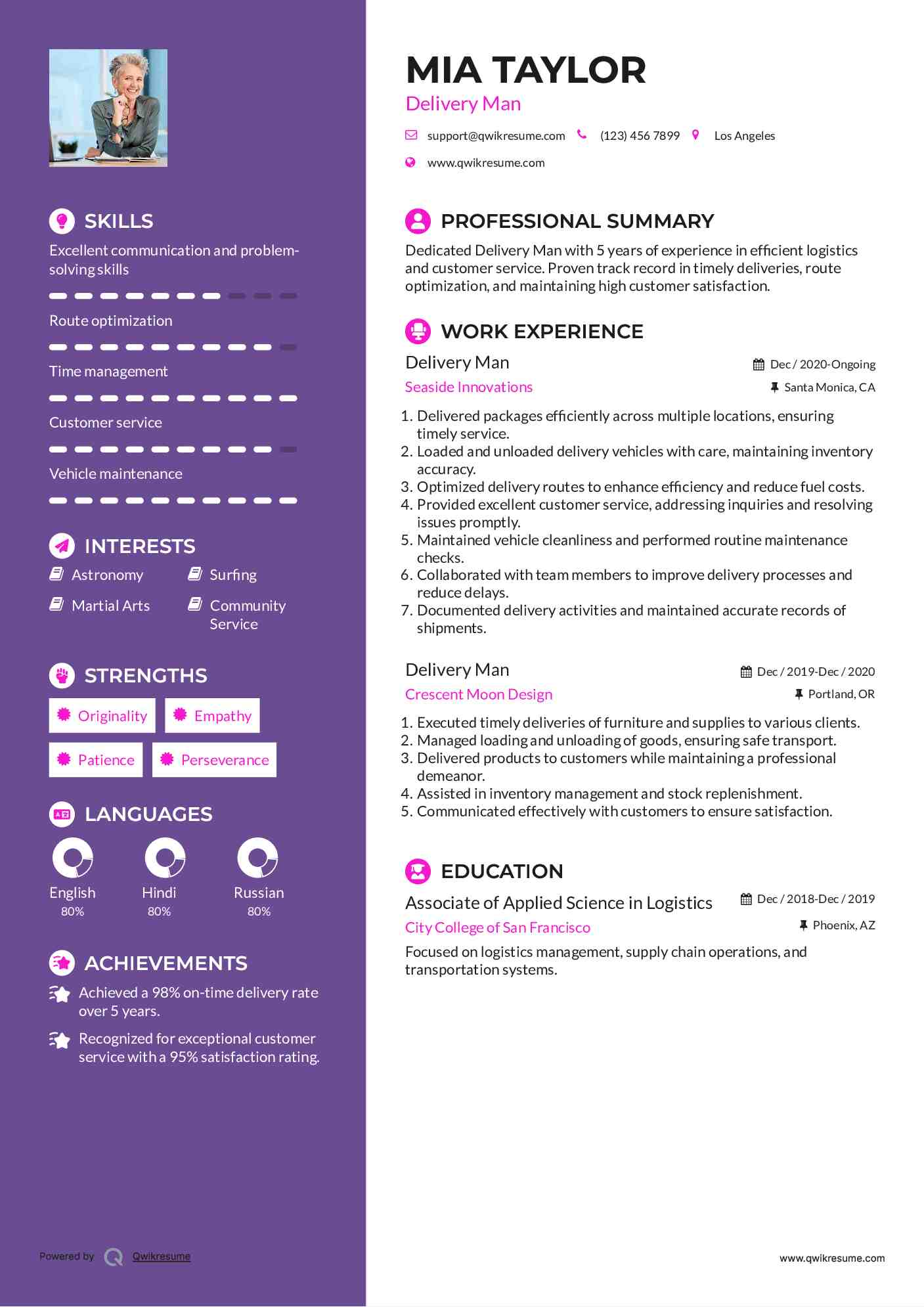 Delivery Man Resume Example