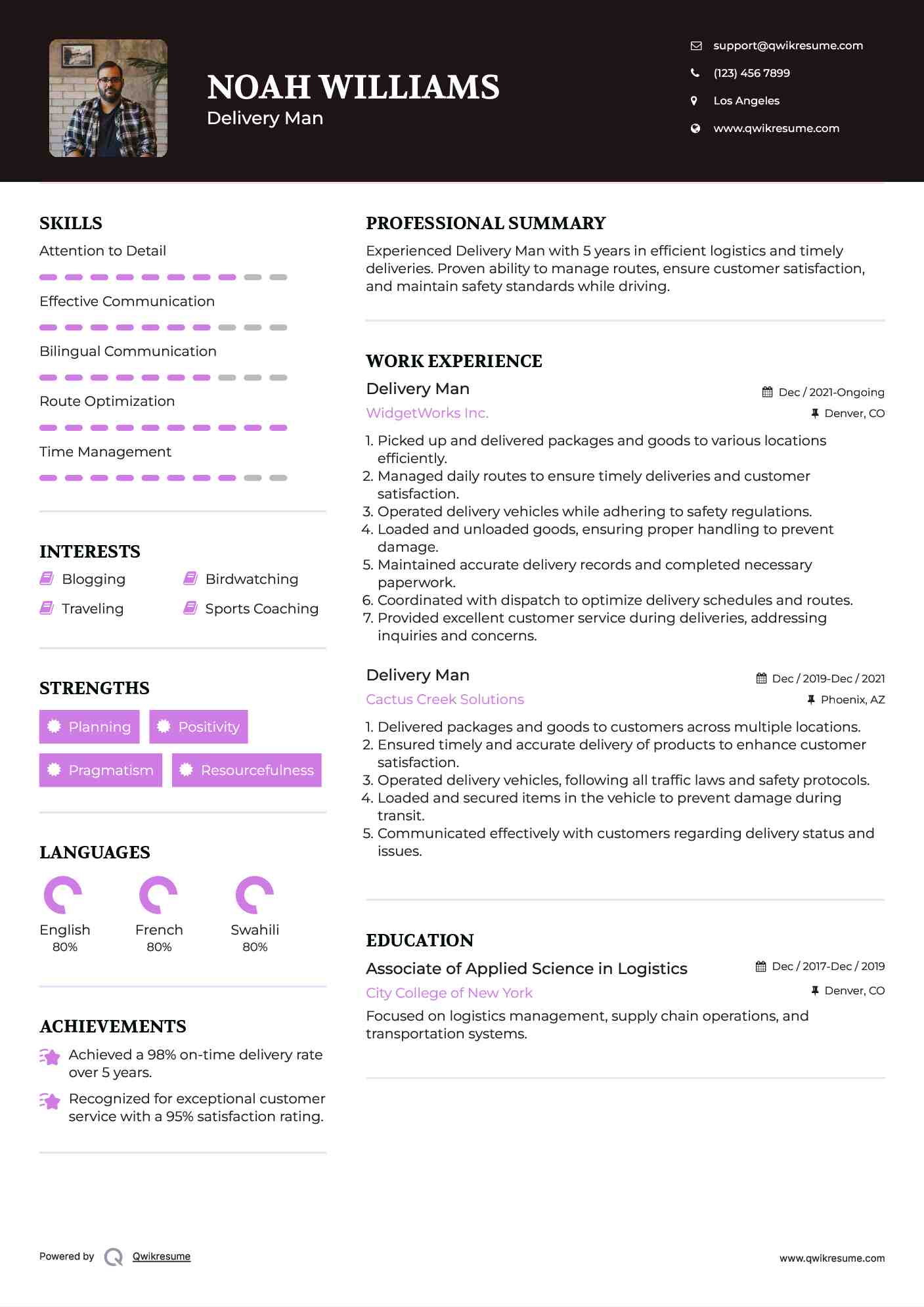 Delivery Man Resume Example