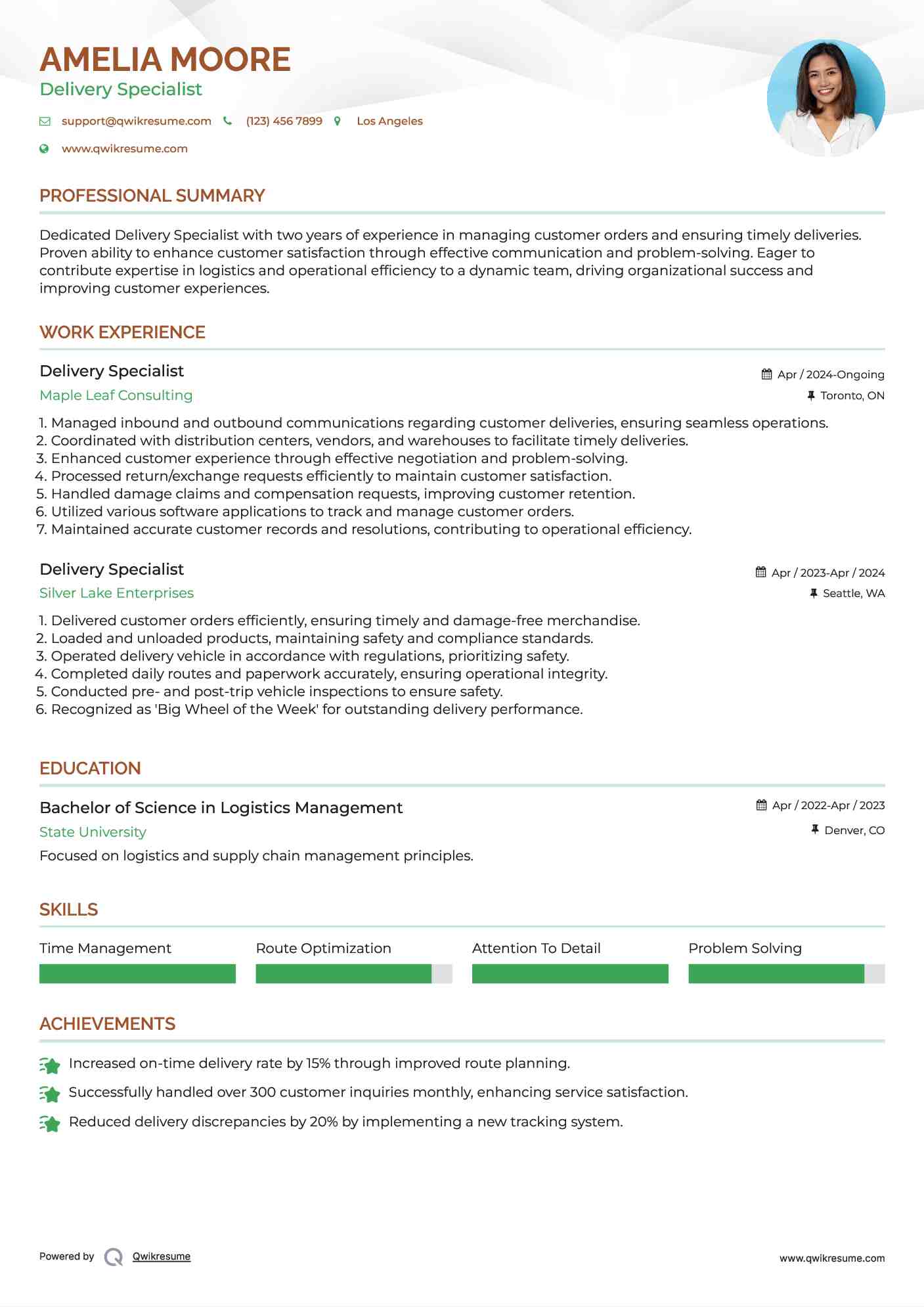 Delivery Specialist Resume Template