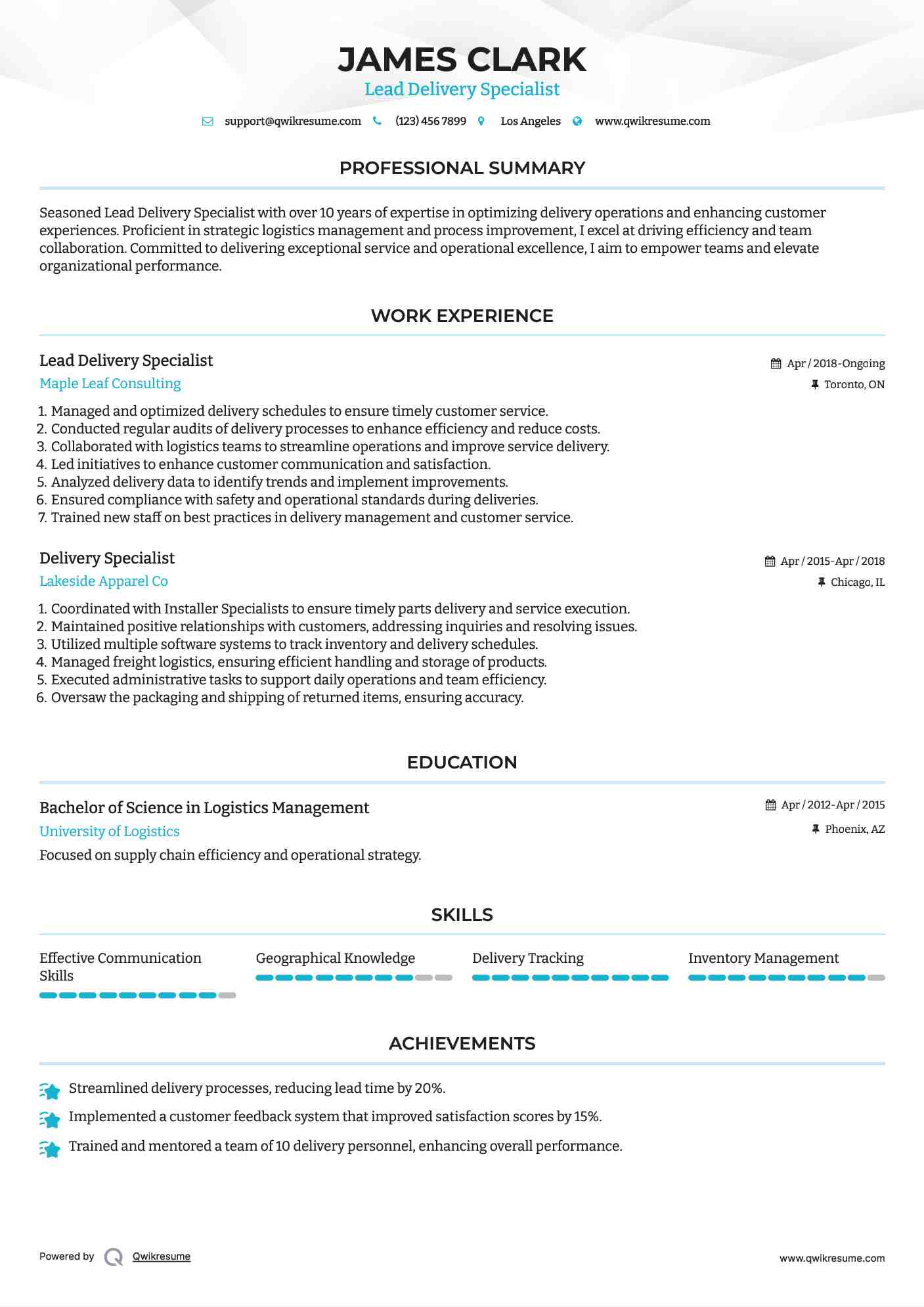 Lead Delivery Specialist Resume Example