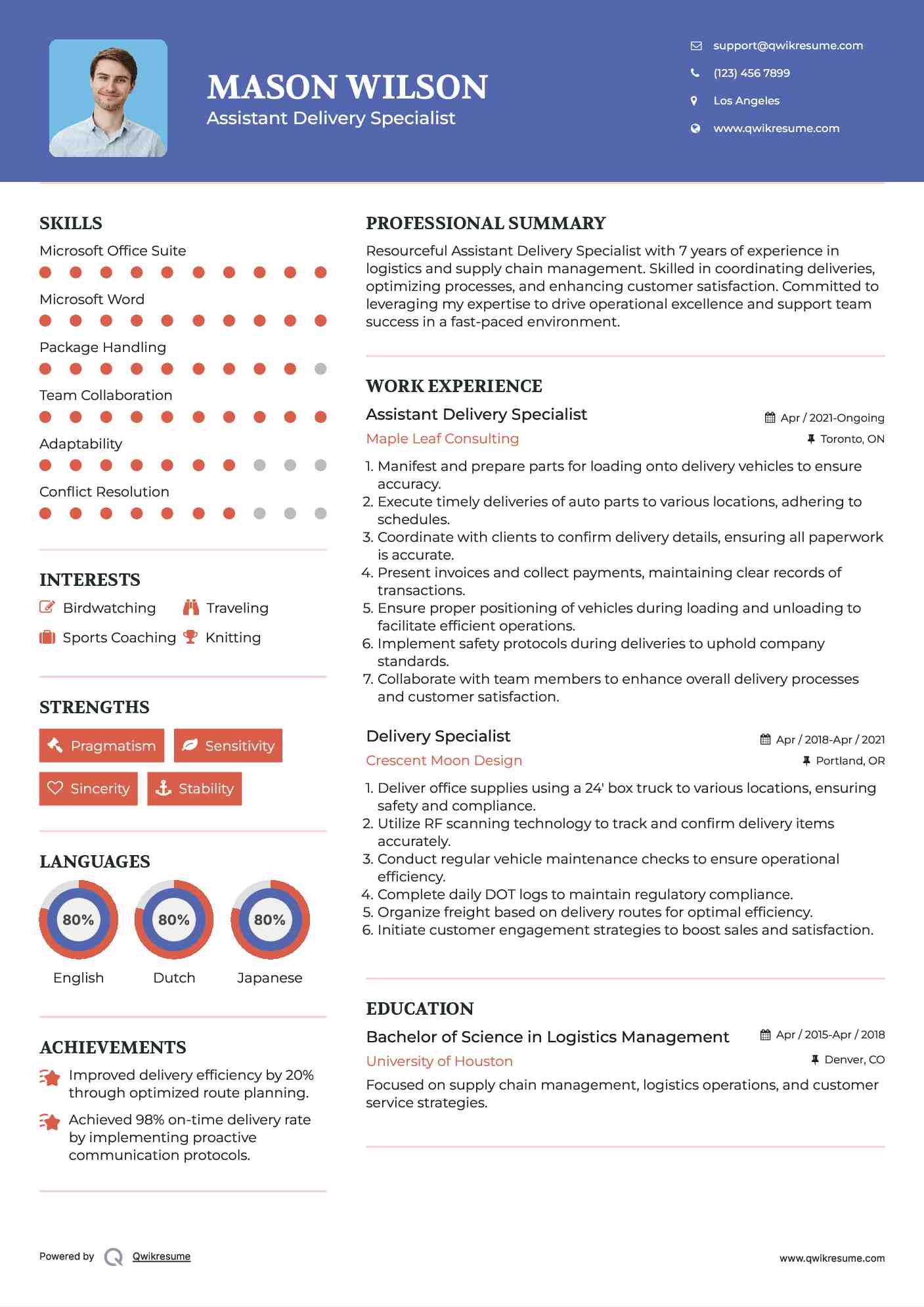 Assistant Delivery Specialist Resume Template