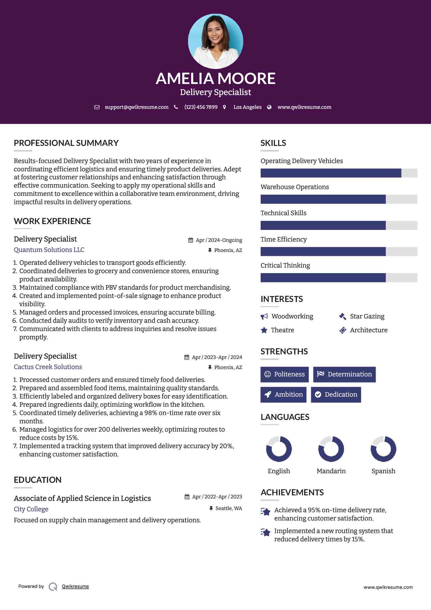 Delivery Specialist Resume Sample