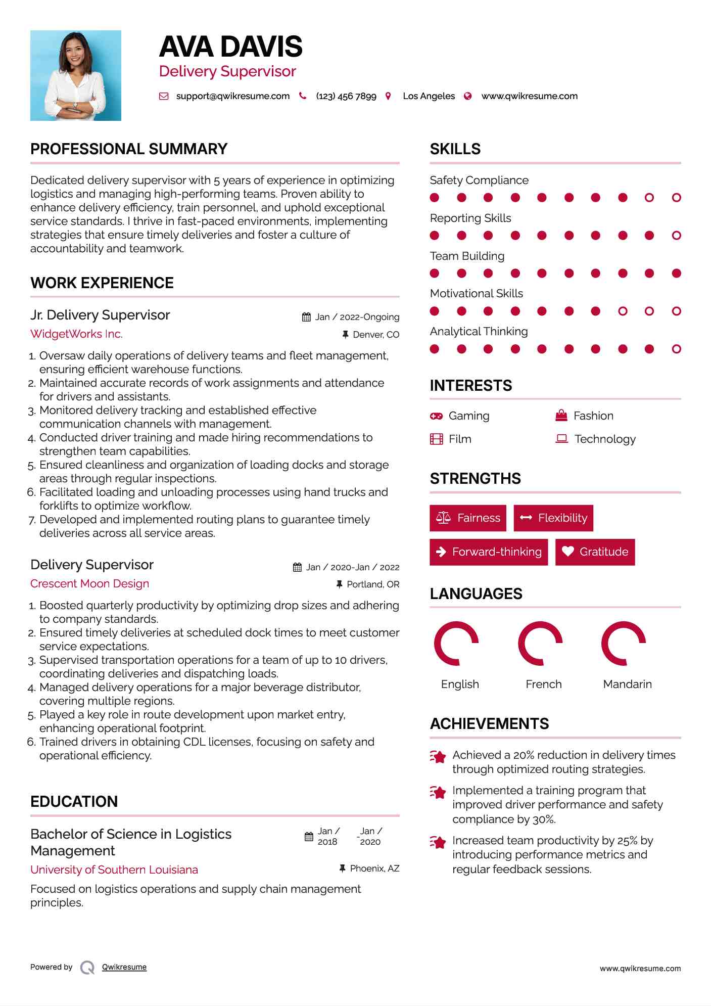 Jr. Delivery Supervisor  Resume Model