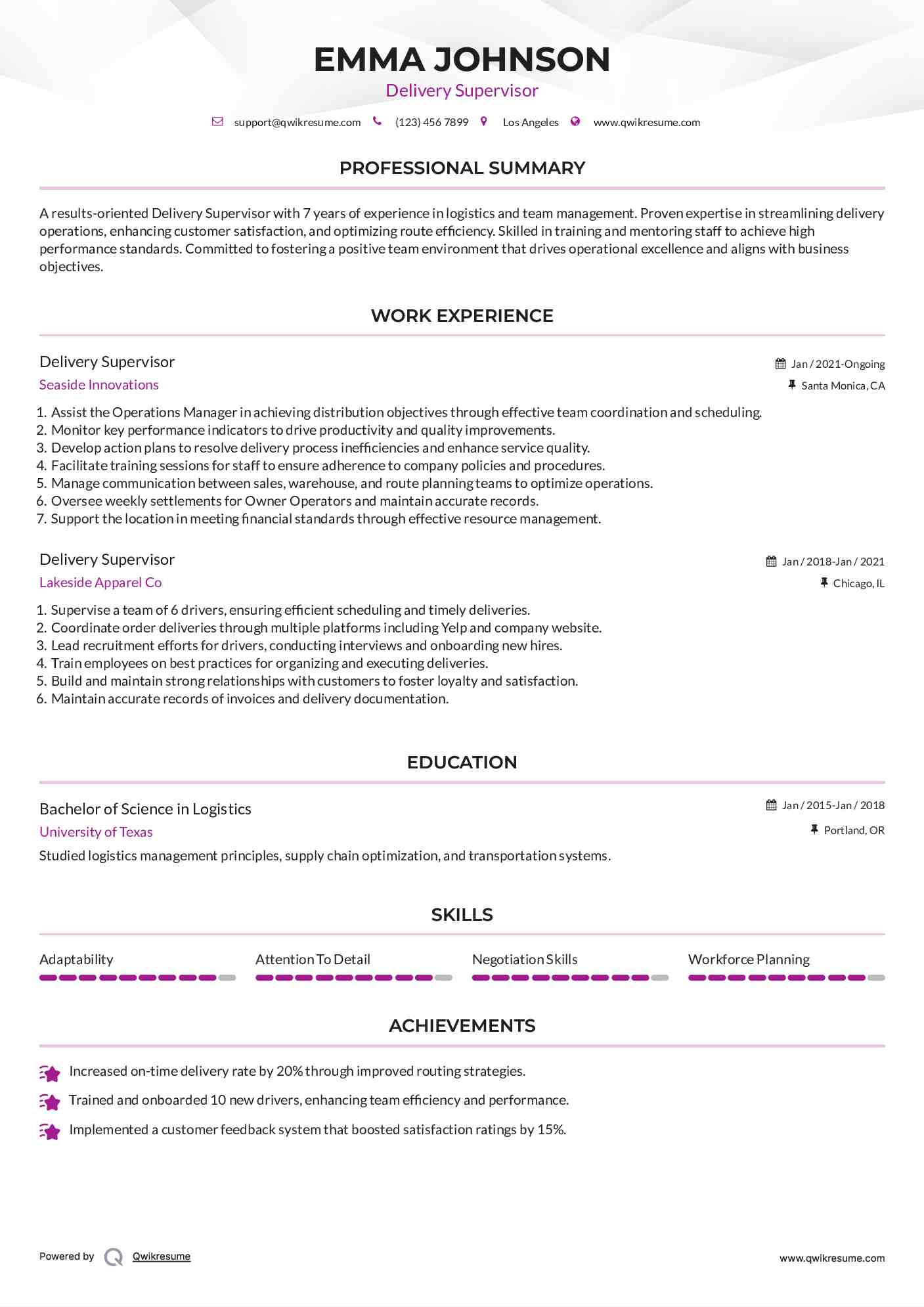 Delivery Supervisor Resume Template