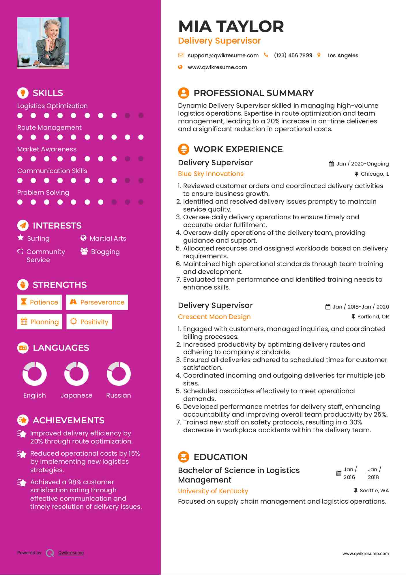 Delivery Supervisor Resume Sample