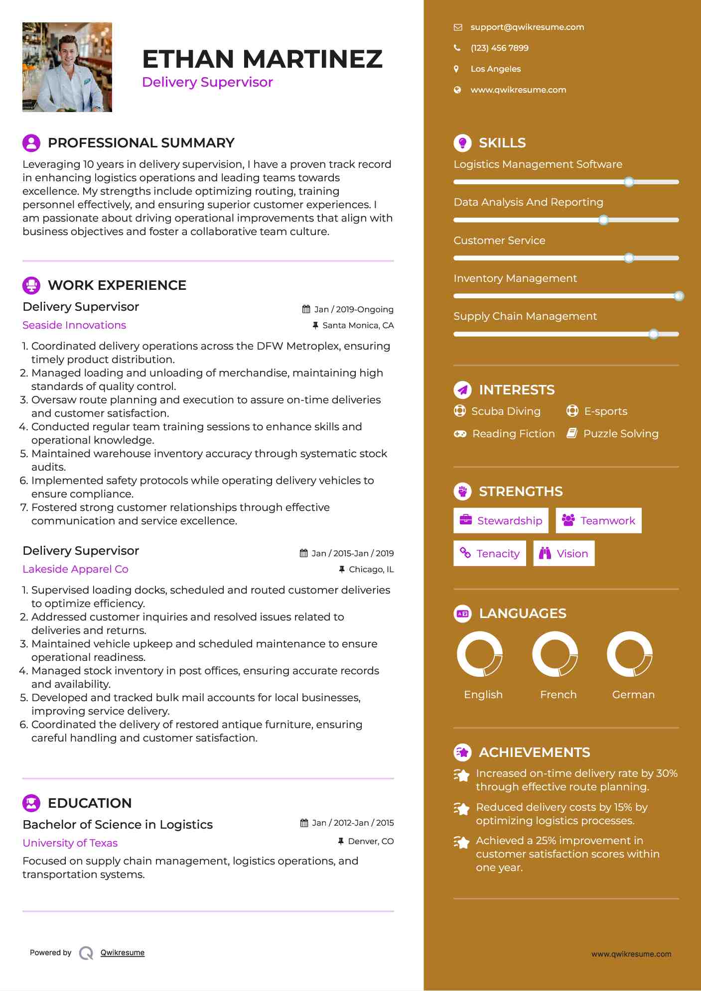 Delivery Supervisor Resume Model