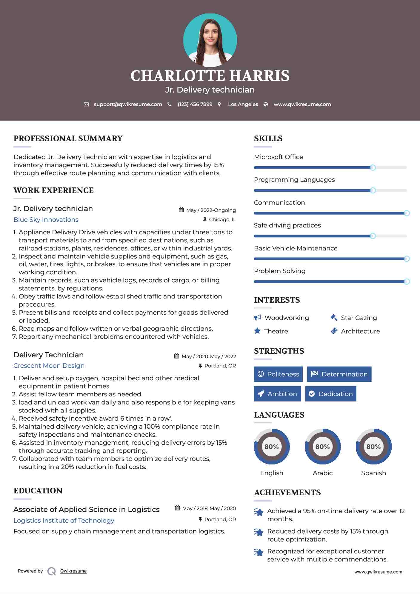 Jr. Delivery technician Resume Sample