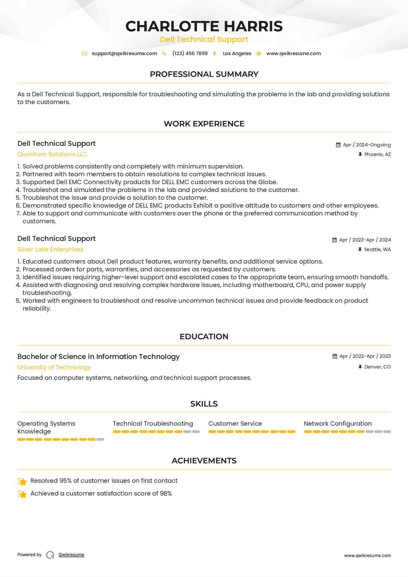 Dell Technical Support Resume Example