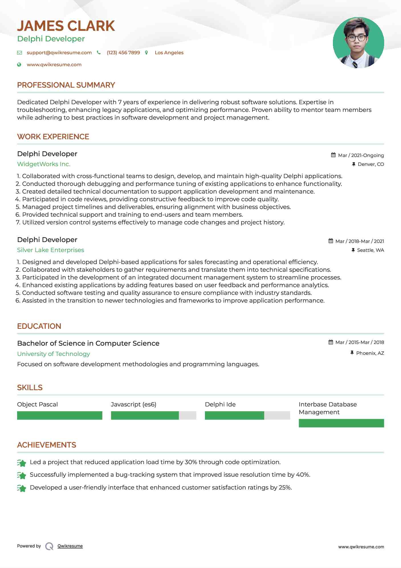 Delphi Developer Resume Sample