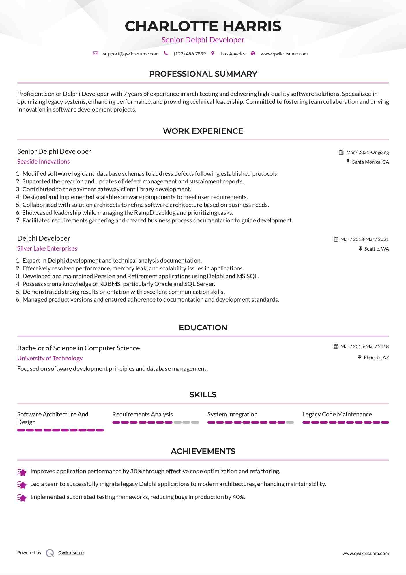 Senior Delphi Developer Resume Model