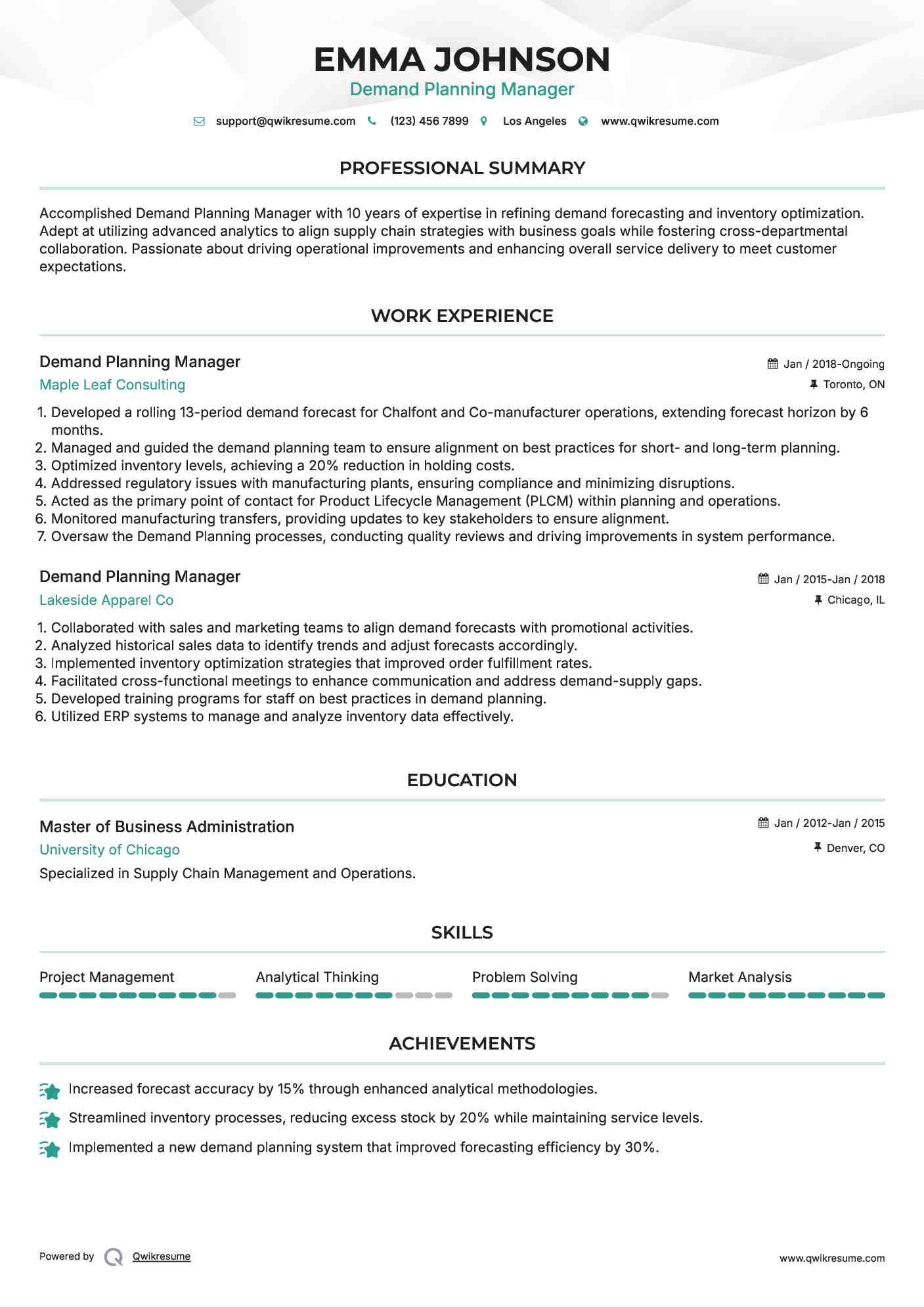 Demand Planning Manager Resume Sample
