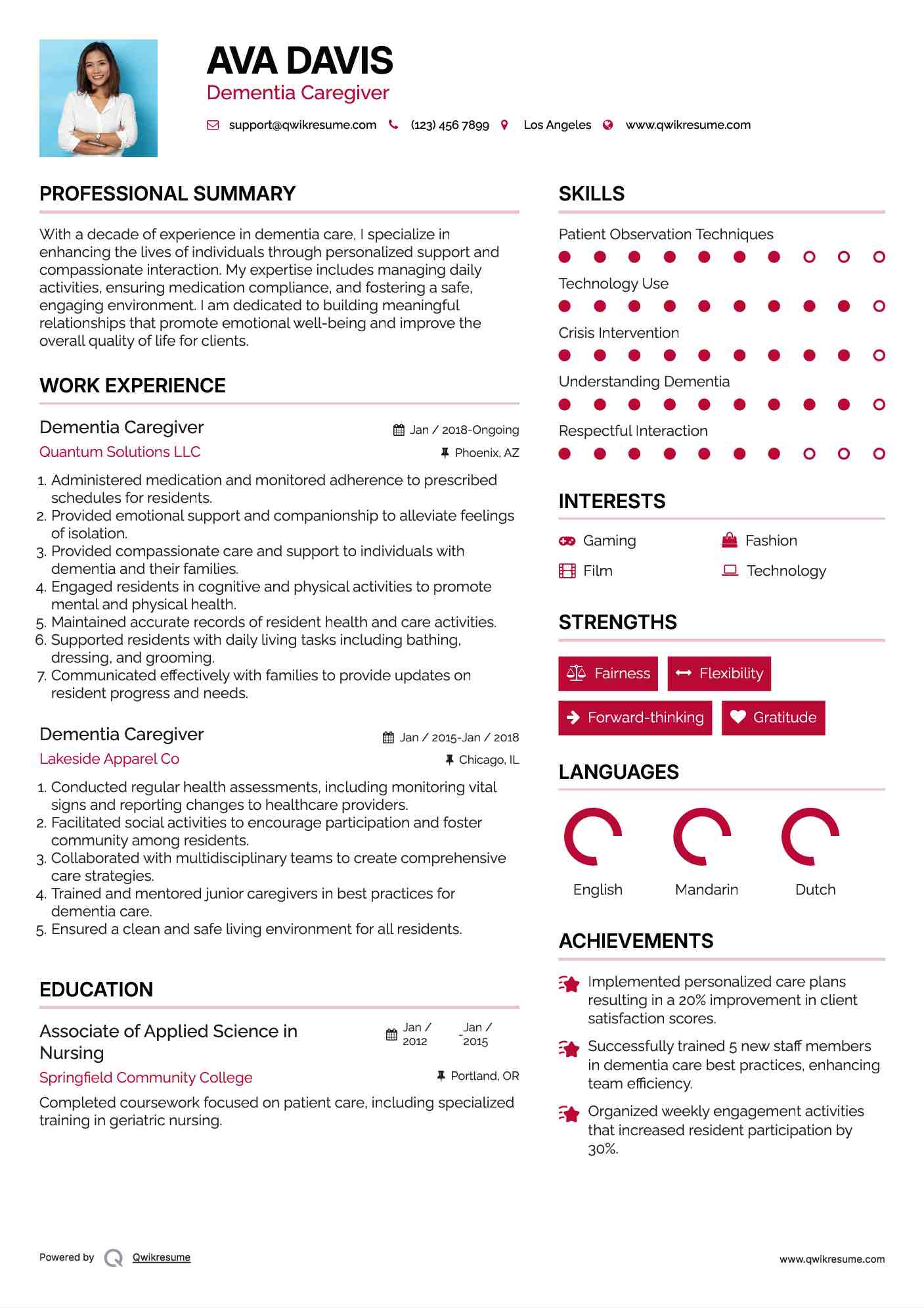 Dementia Caregiver Resume Example