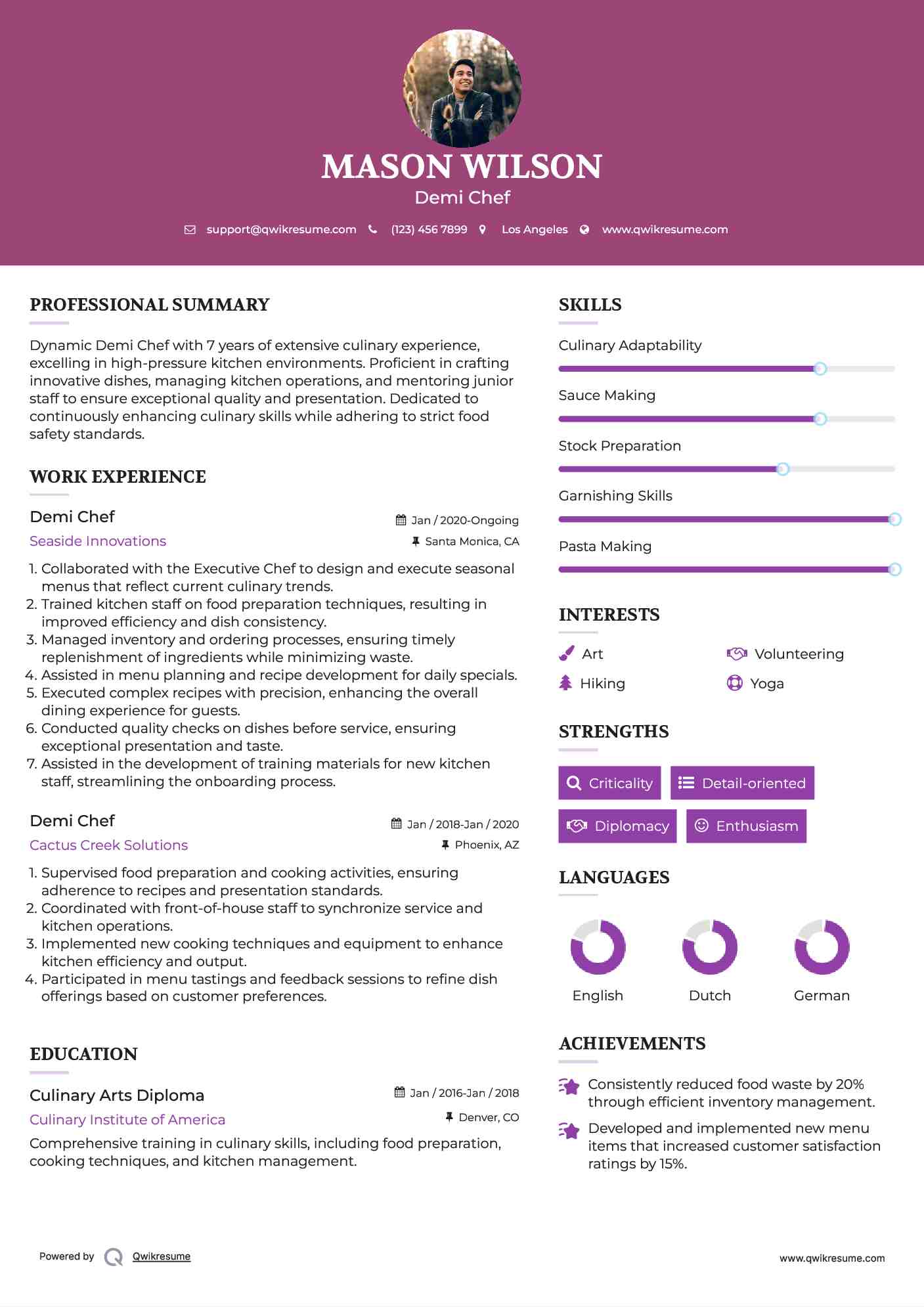 Demi Chef Resume Sample