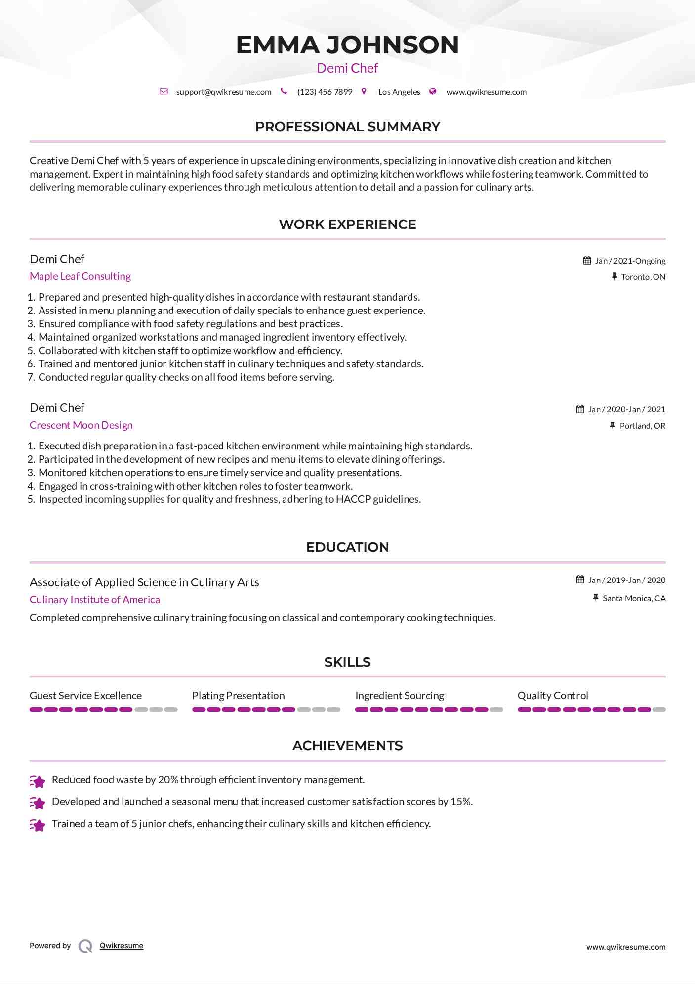 Demi Chef Resume Sample