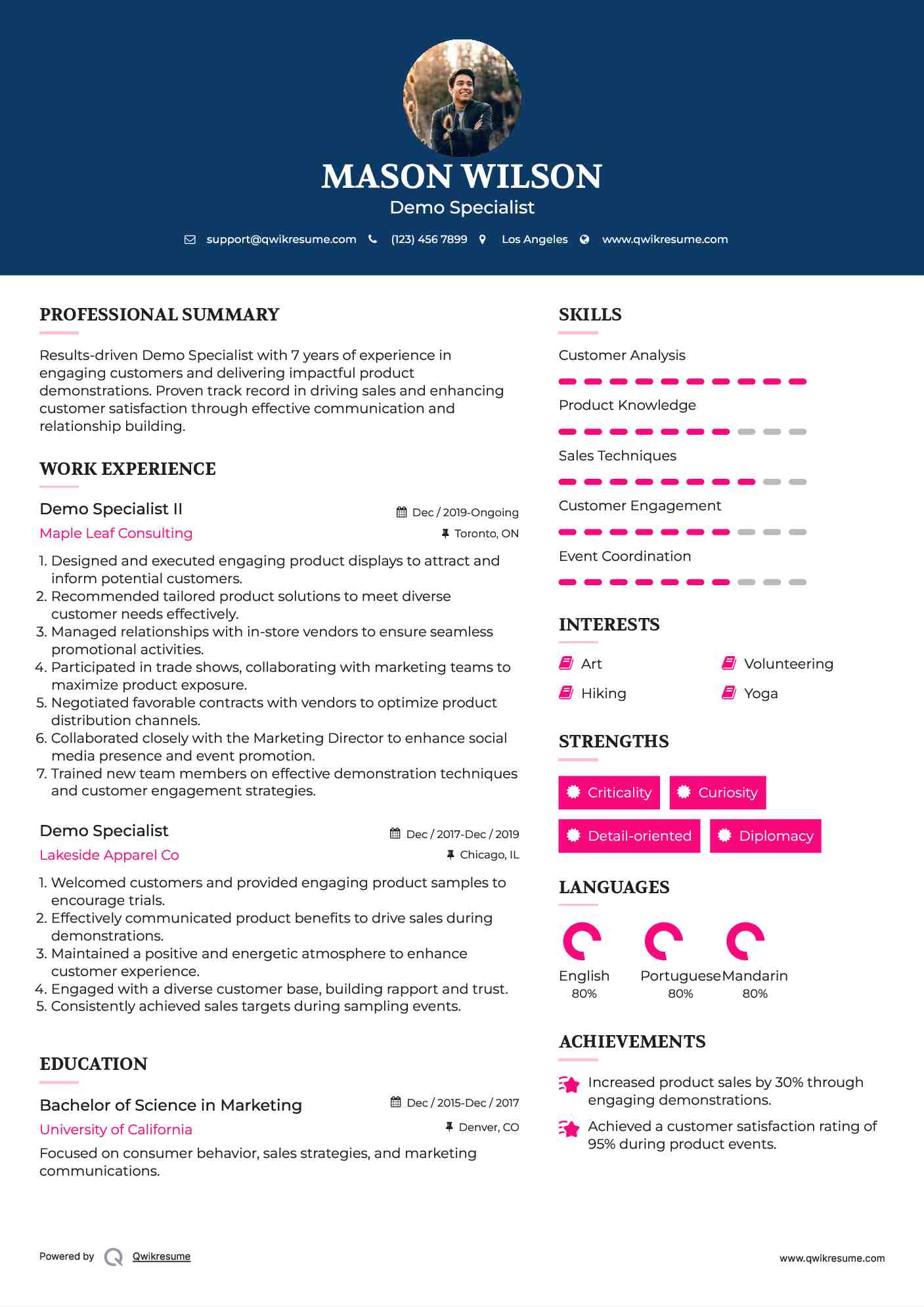 Demo Specialist II Resume Sample
