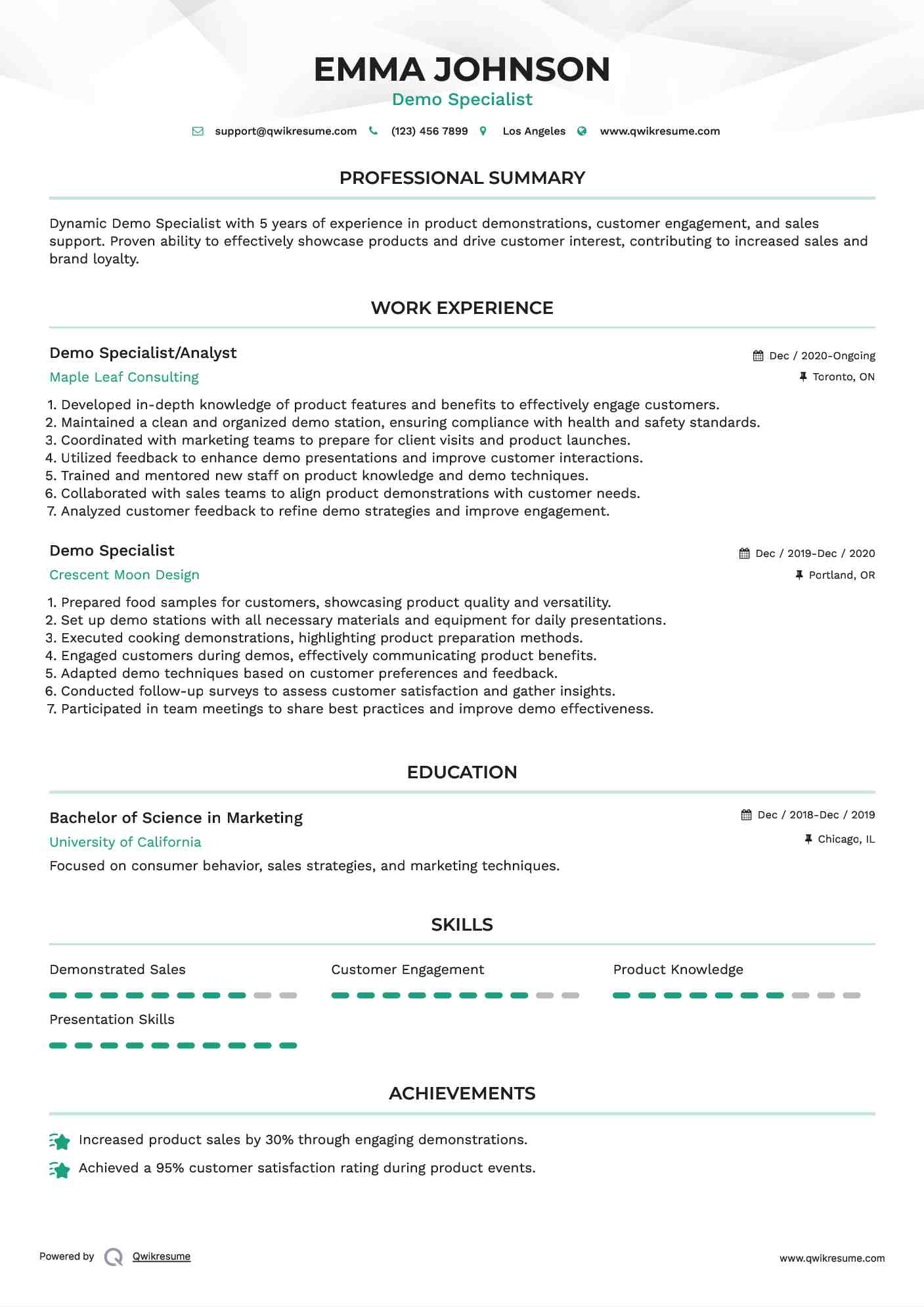 Demo Specialist/Analyst Resume Format