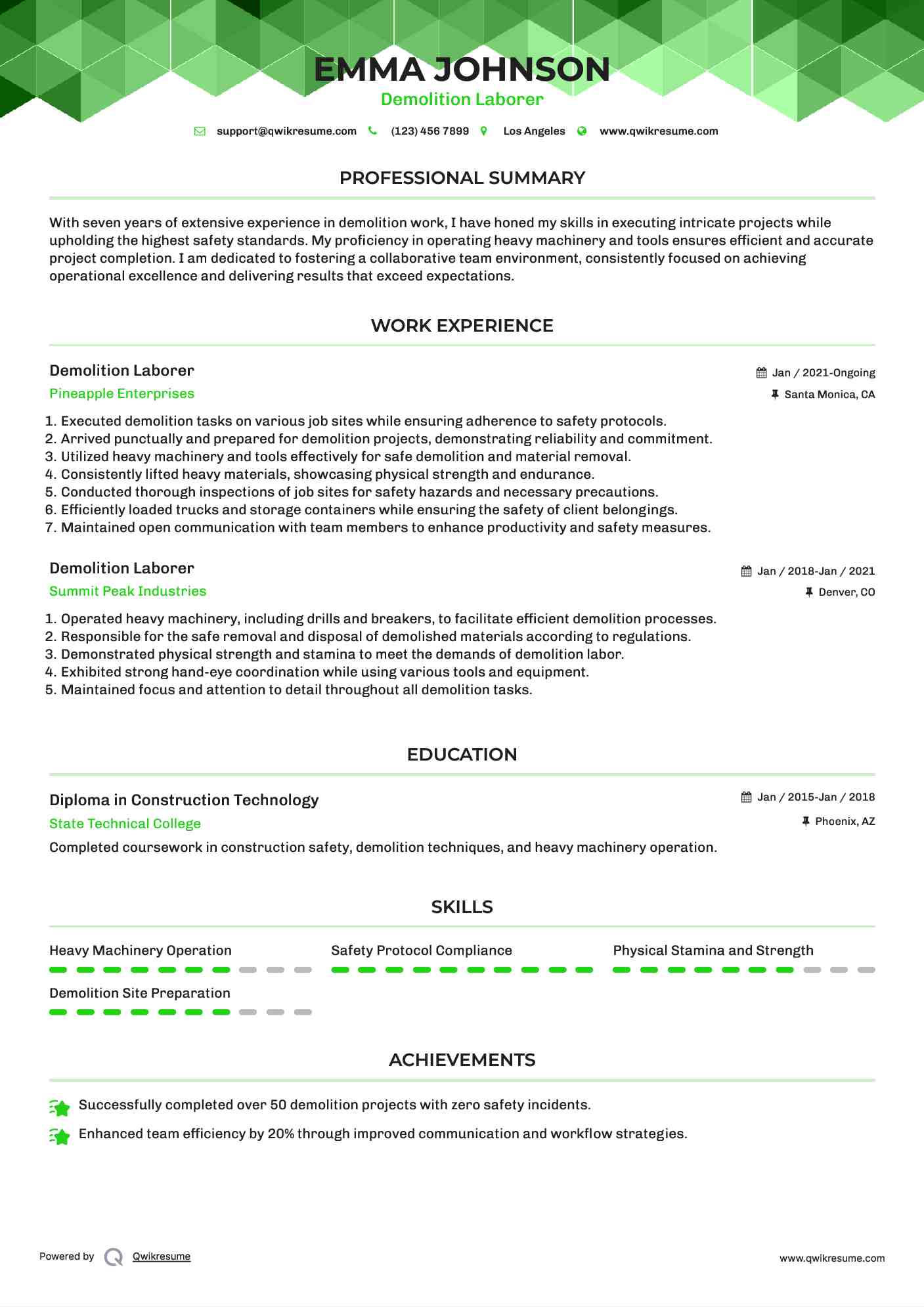 Demolition Laborer Resume Example
