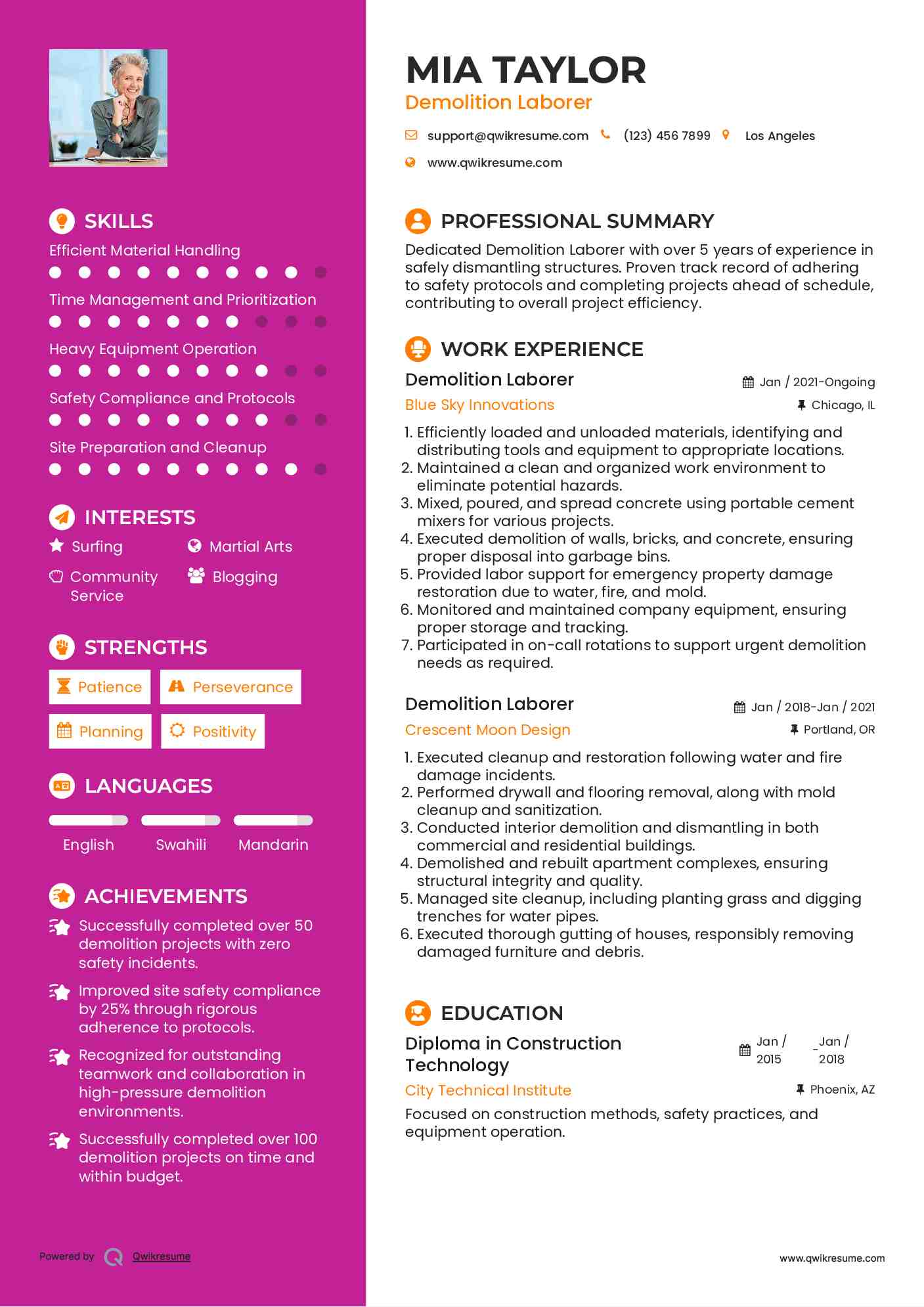 Demolition Laborer Resume Sample