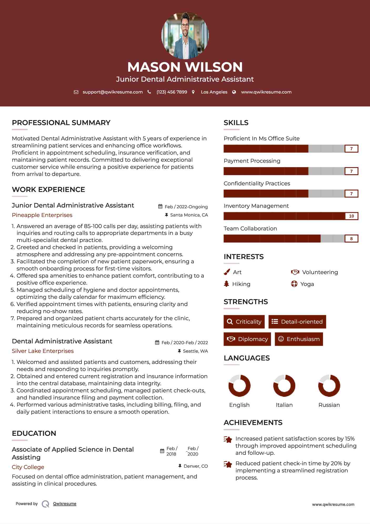 Junior Dental Administrative Assistant Resume Sample