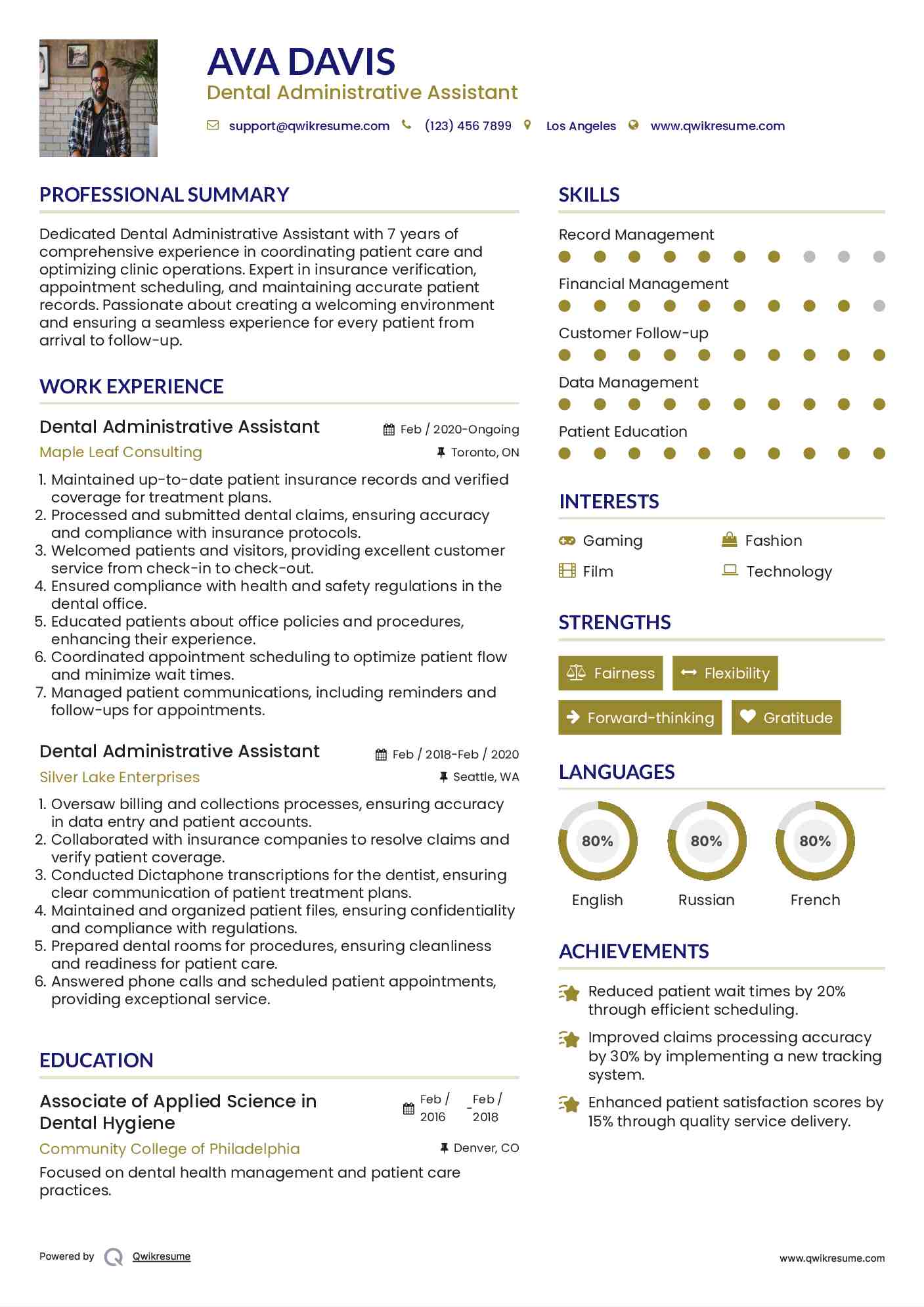 Dental Administrative Assistant Resume Sample
