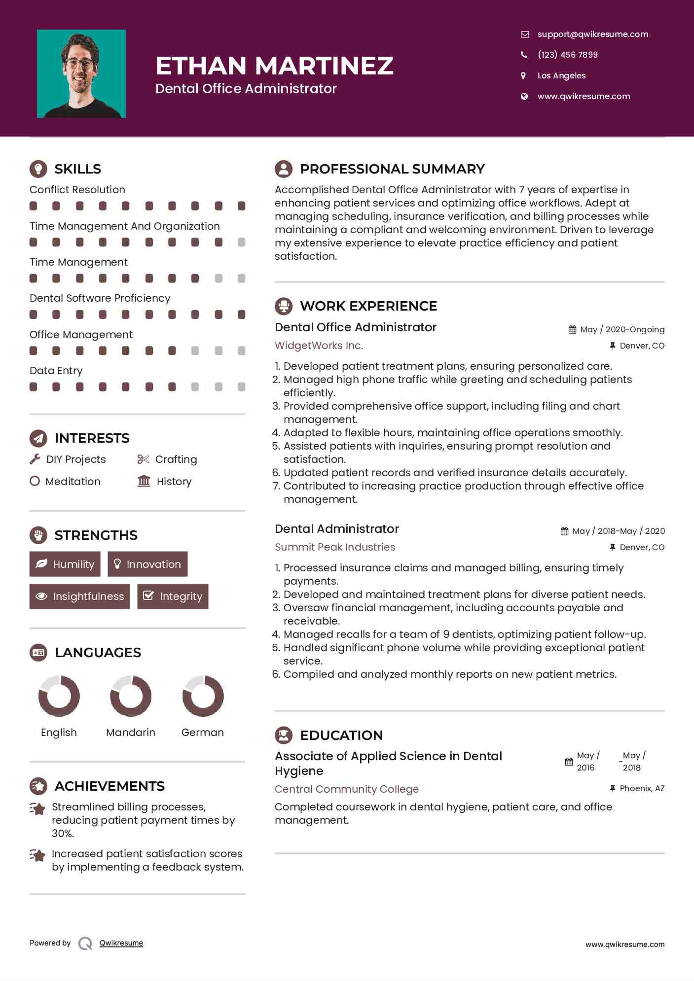 Dental Office Administrator Resume Format