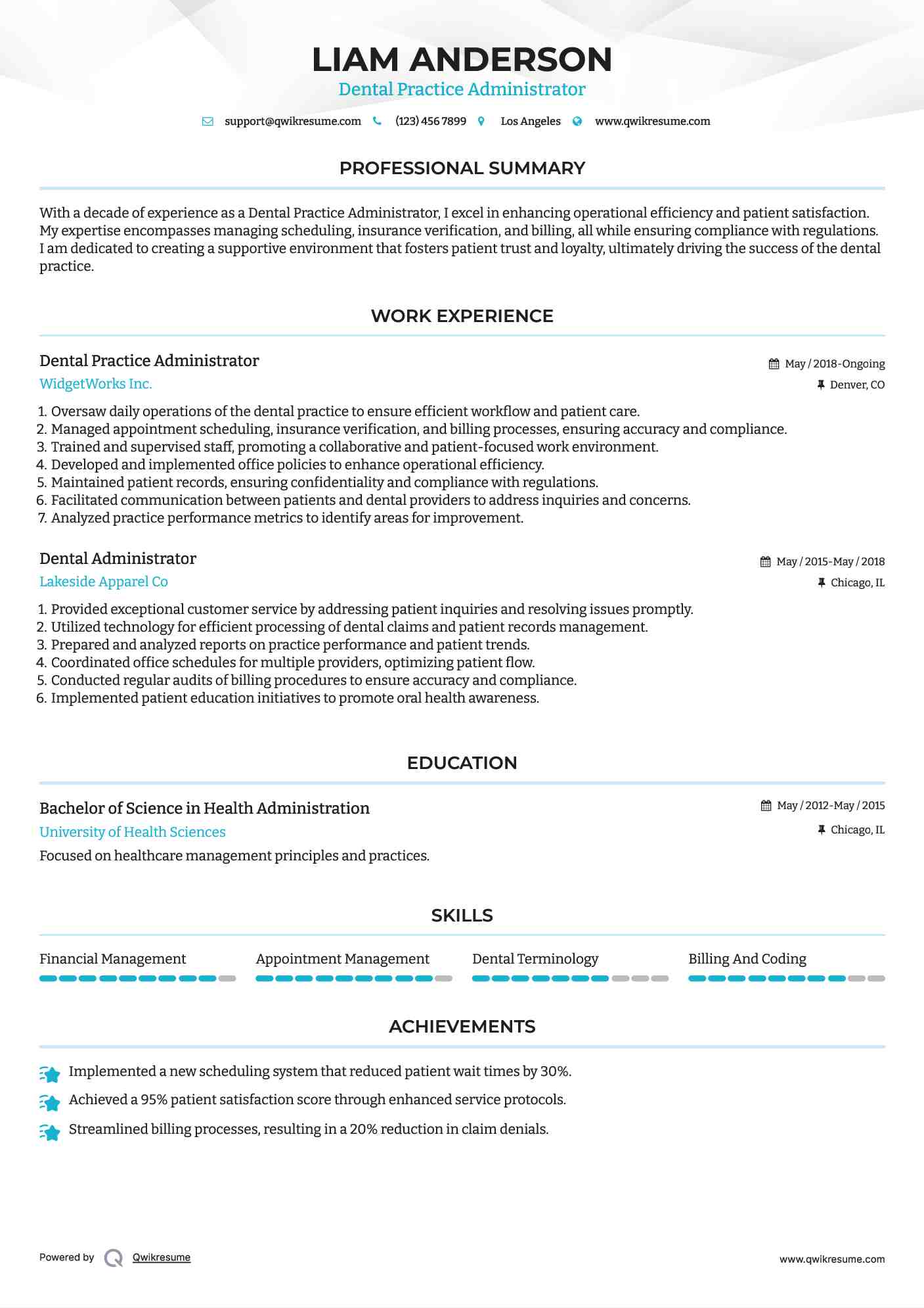 Dental Practice Administrator Resume Model