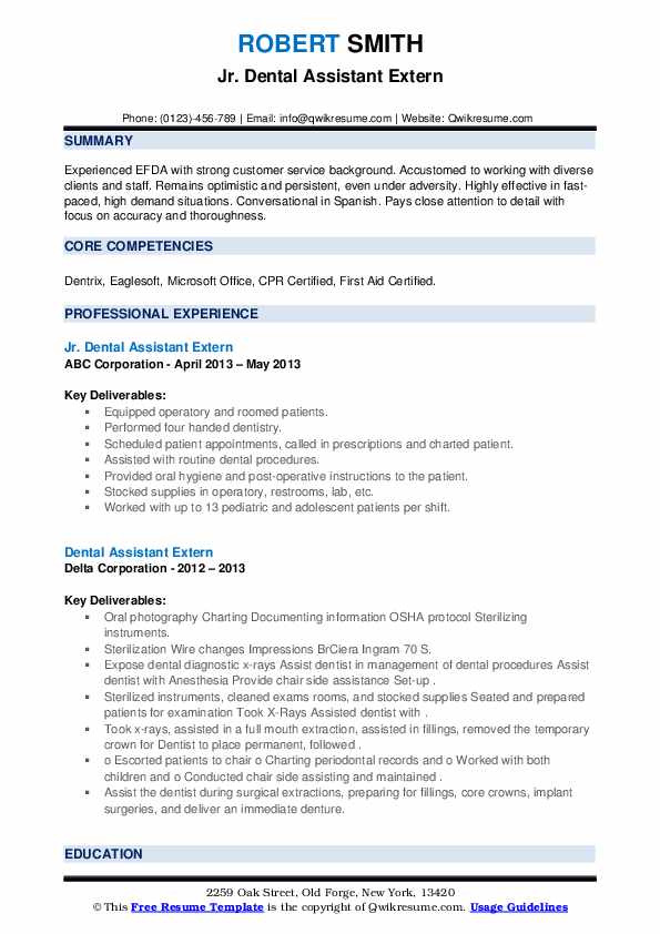 Dental Assistant Extern Resume Samples QwikResume