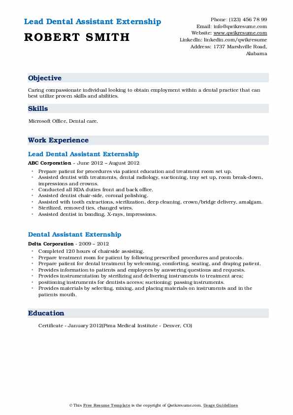 Dental Assistant Externship Resume Samples QwikResume
