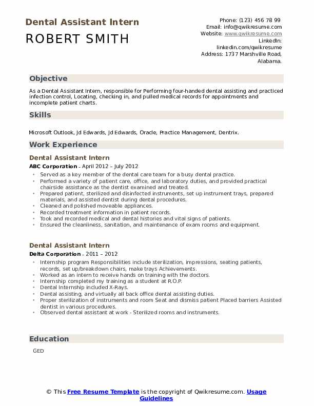 Dental Assistant Intern Resume Samples QwikResume