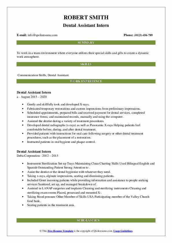 Dental Assistant Intern Resume Samples QwikResume