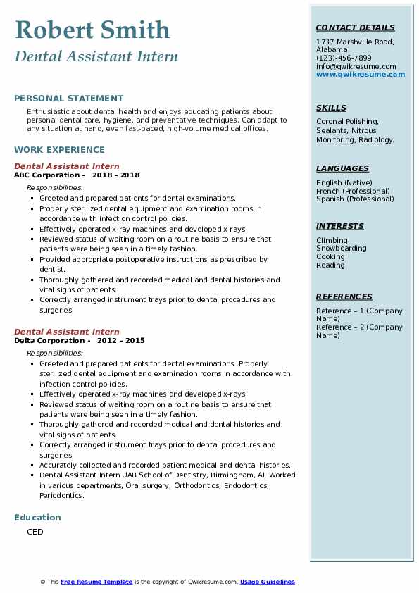 Dental Assistant Intern Resume Samples QwikResume