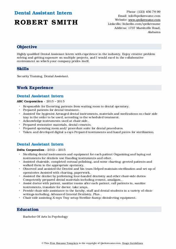 Dental Assistant Intern Resume Samples QwikResume