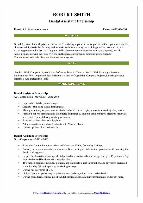 Dental Assistant Internship Resume Samples QwikResume
