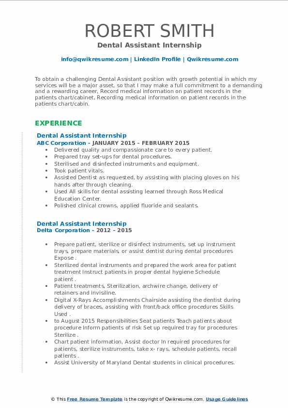 Dental Assistant Internship Resume Samples QwikResume