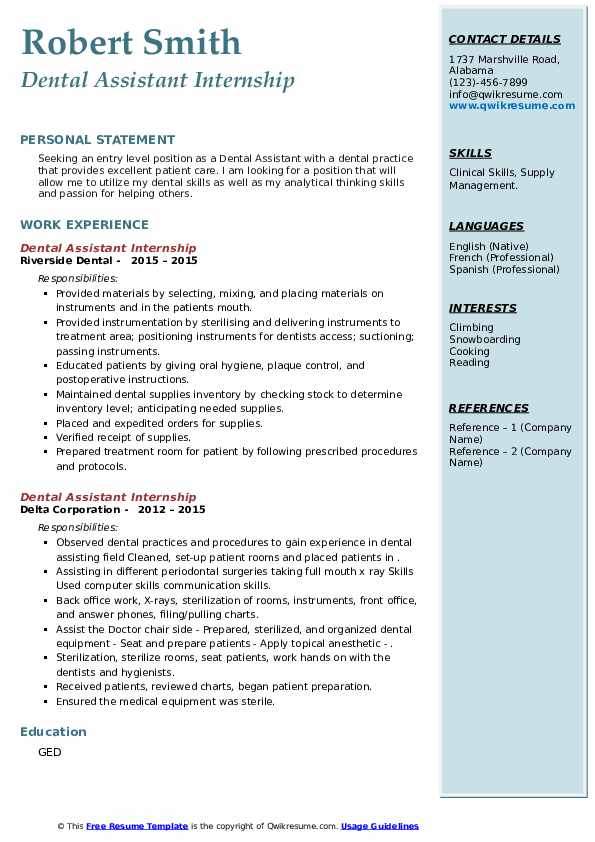 Dental Assistant Internship Resume Samples QwikResume