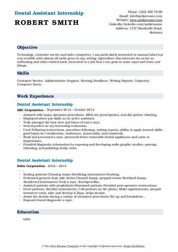 Dental Assistant Internship Resume Samples QwikResume