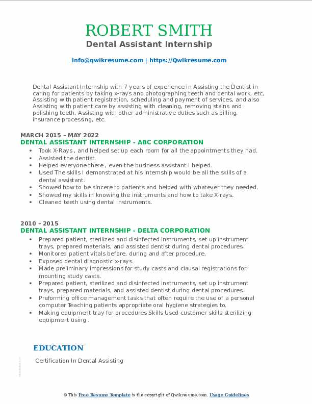 Dental Assistant Internship Resume Samples QwikResume
