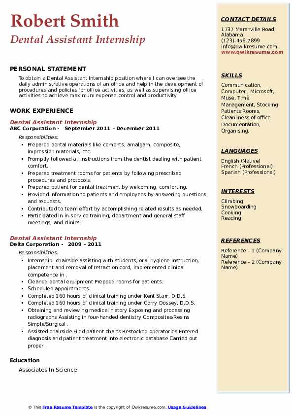 Dental Assistant Internship Resume Samples QwikResume