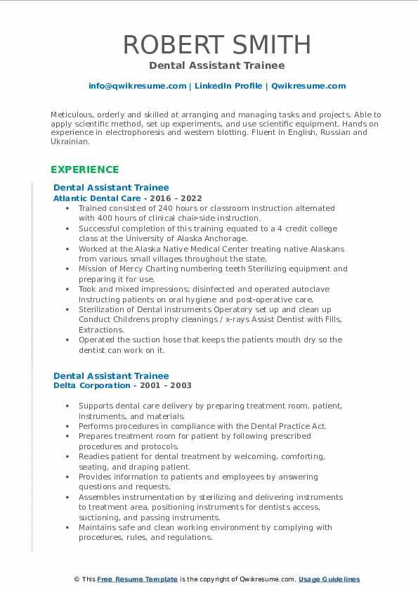 Dental Assistant Trainee Resume Samples QwikResume