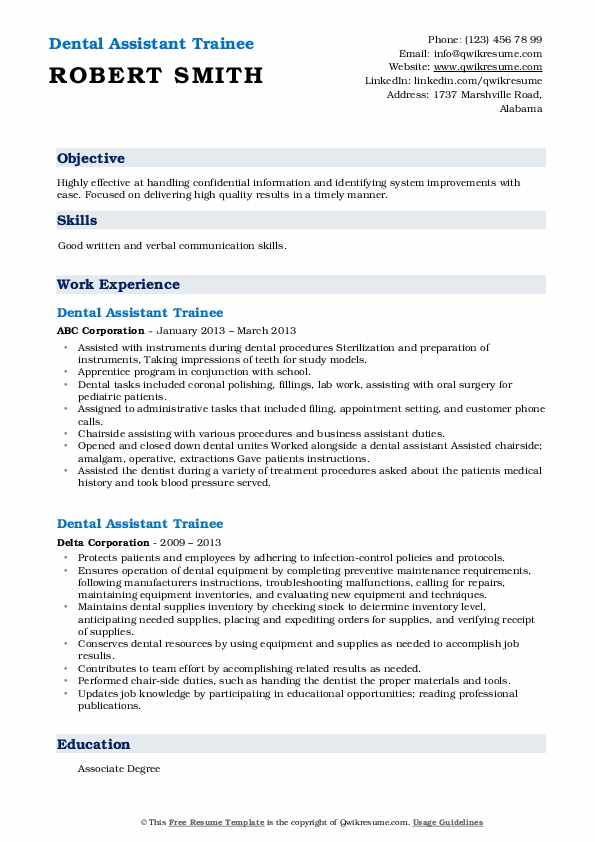 Dental Assistant Trainee Resume Samples QwikResume