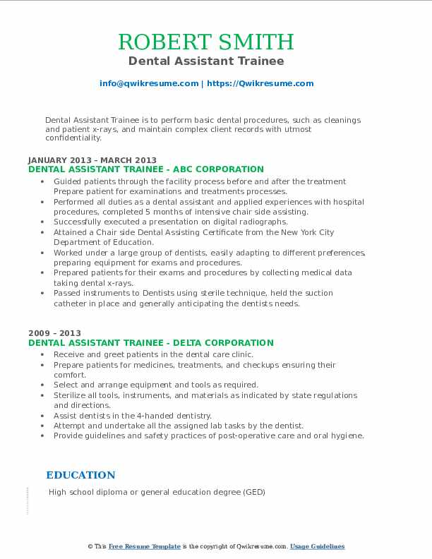 Dental Assistant Trainee Resume Samples QwikResume