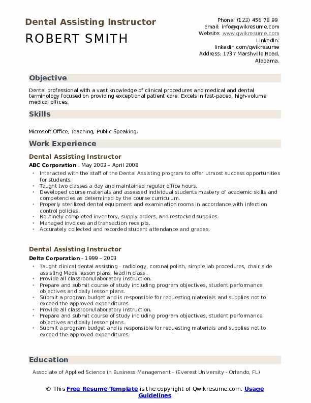 Dental Assisting Instructor Resume Samples QwikResume