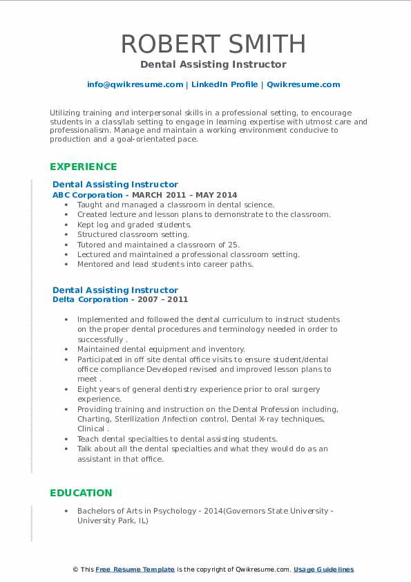 Dental Assisting Instructor Resume Samples QwikResume