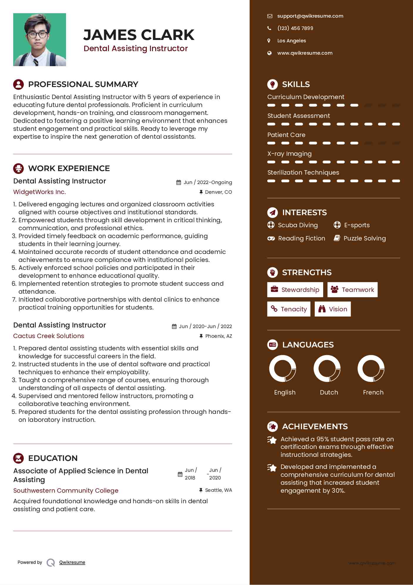 Dental Assisting Instructor Resume Model