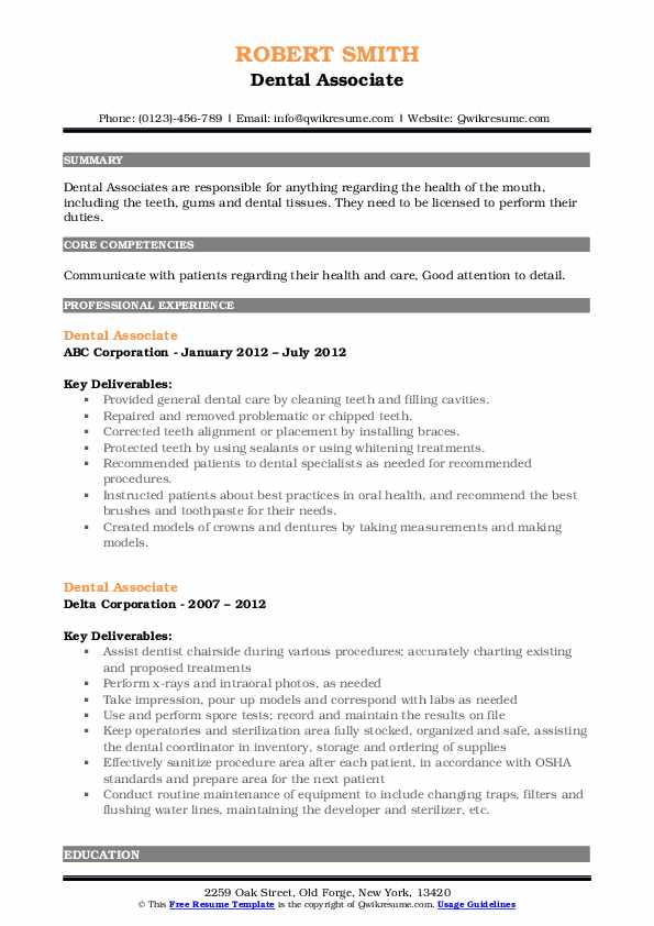 Dental Associate Resume Samples QwikResume