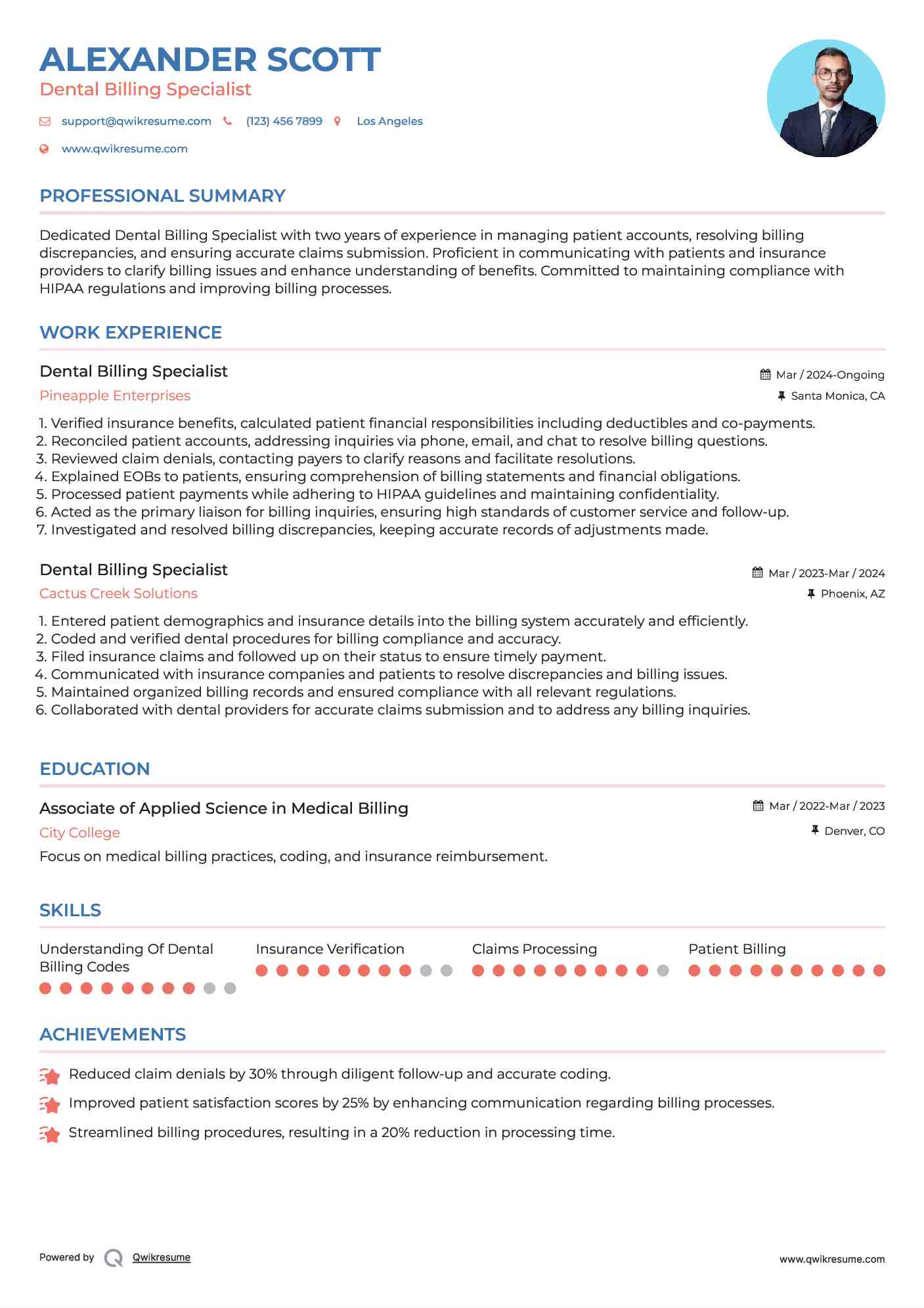 Dental Billing Specialist Resume Format