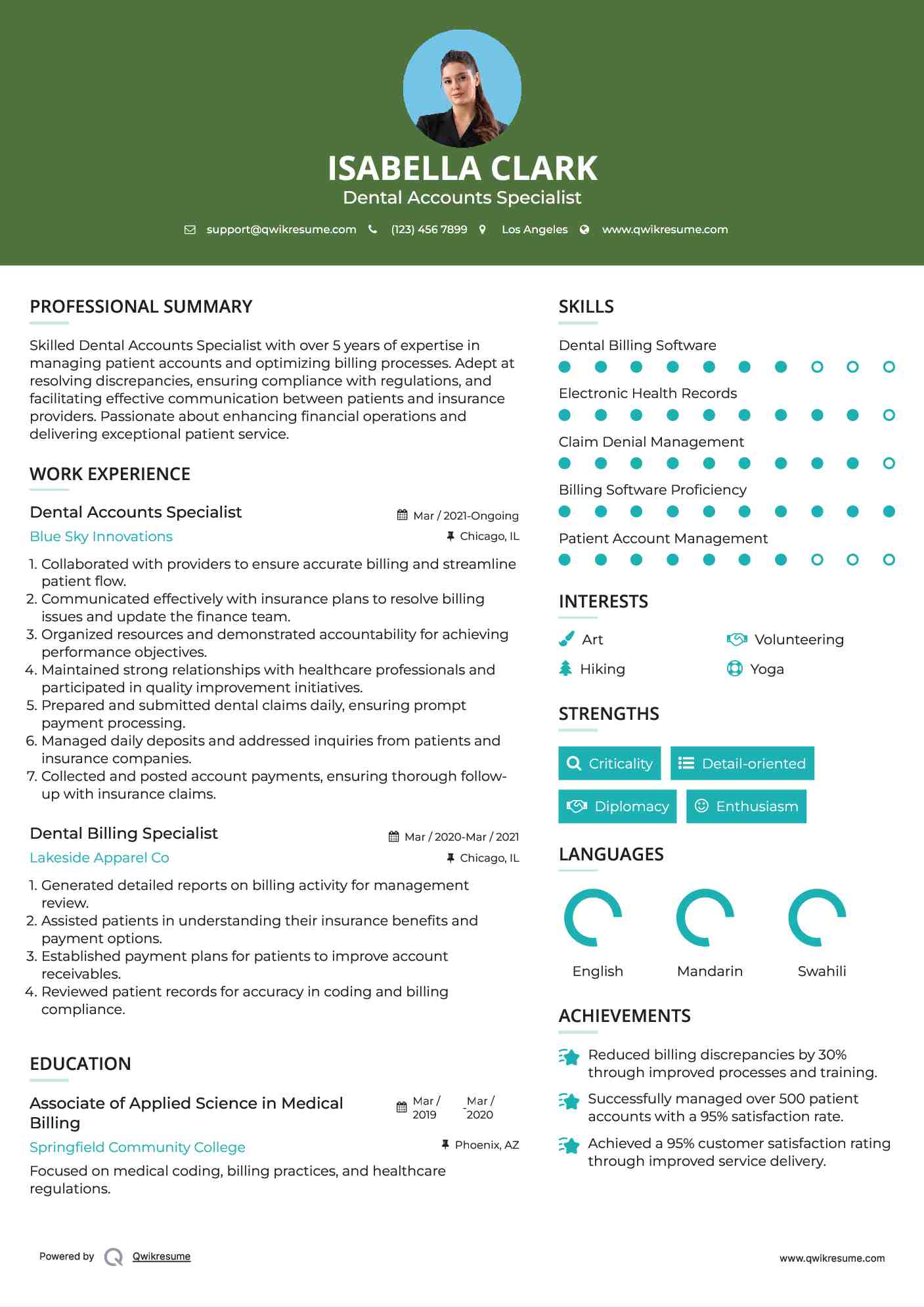 Dental Accounts Specialist Resume Sample